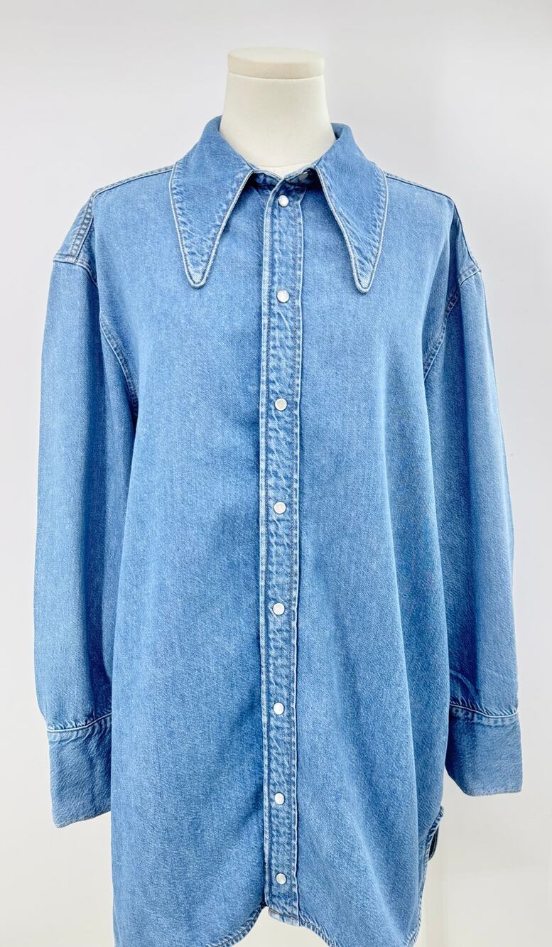 Ganni Denim Shirt Dress Large Collar Cut Out Back Jean Pearl Snap Western S / M